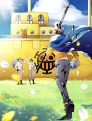  4boys arm_at_side arm_up bear_boy bepo_(one_piece) blue_sky clouds day from_behind grey_pants hamu_ha_umai hand_on_own_hip happy hat highres holding holding_sword holding_weapon jumpsuit light_particles male_focus midriff_peek multiple_boys one_piece open_mouth outdoors pants penguin_(one_piece) petals print_pants shachi_(one_piece) shirt sky submarine sword trafalgar_law walking watercraft waving weapon white_hat white_jumpsuit yellow_shirt 