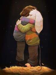  1boy 1other 2025 2d ambiguous_gender animal_ears anthro asriel_dreemurr barefoot black_background black_pants blue_shirt brown_hair child closed_eyes commentary dark_background digital_media double_horizontal_stripe droopy_ears duo english_commentary fangs floppy_ears flower frisk_(undertale) full_body furry furry_male goat goat_boy goat_ears goat_tail green_shirt highres horizontal-striped_clothes hug human male mammal monster monster_boy pants pink_stripes rorokonaa shirt short_hair simple_background standing striped_clothes striped_shirt tail tail_tuft two-tone_shirt undertale utdr_(toby_fox) white_fur yellow_flower yellow_stripes 