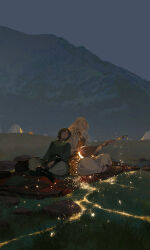  2boys black_boots blonde_hair bonfire boots brown_hair chinese_commentary closed_eyes closed_mouth commentary_request glowing glowing_instrument grass highres ibuki_satsuki indian_style instrument leaning_on_person loose_pants mountain multiple_boys music night original outdoors picnic_blanket playing_instrument rock sitting sleeping sleeping_on_person sleeping_upright tent wide_shot 