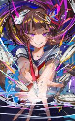  1girl analog_clock black_sailor_collar black_skirt brown_hair butterfly_hair_ornament clock clock_hair_ornament clock_hands collarbone commentary_request cowboy_shot earrings fingernails floating floating_clothes floating_hair floating_object foreshortening glint grin hair_ornament highres holding holding_pen jewelry long_hair looking_at_viewer multicolored_hair multiple_earrings neckerchief nib_pen_(object) open_mouth original outstretched_arms pen pocket_watch red_neckerchief ripples rnp_02 sailor_collar school_uniform shirt short_sleeves skirt smile solo spread_fingers straight-on streaked_hair v-shaped_eyebrows violet_eyes watch white_shirt 