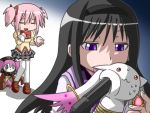  akemi_homura black_hair charlotte_(madoka_magica) gun hairband hohetomaru kaname_madoka kyubey long_hair mahou_shoujo_madoka_magica multiple_girls pink_hair pistol purple_eyes short_twintails soul_gem twintails violet_eyes weapon 