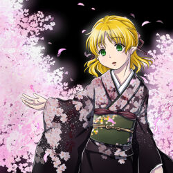  1girl alternate_costume black_background black_kimono blonde_hair cherry_blossoms commentary_request floral_print floral_print_kimono green_eyes green_sash half_updo japanese_clothes kanro-candy kimono long_sleeves looking_at_viewer mizuhashi_parsee obi open_mouth pointy_ears print_kimono sash short_hair solo touhou upper_body wide_sleeves 