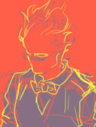  1boy 2019 2d aoimomushi bartender black_bowtie black_pants black_vest bowtie commentary digital_media elemental_(creature) english_commentary fire_elemental flaming_head glasses grillby humanoid male male_focus male_only monster monster_boy no_mouth orange_skin pants simple_background solo undertale uniform utdr_(toby_fox) vest white_background 