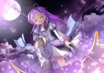  ascot bow dress eiyuu_densetsu falcom frills from_below full_moon light_particles moon purple purple_background purple_hair purple_moon renne saru scythe short_hair smile solo sora_no_kiseki yellow_eyes 