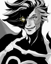  1boy 2020 2d alternate_form android aoimomushi arm_cannon black_hair boots commentary digital_media english_commentary humanoid humanoid_robot male male_focus male_only mettaton mettaton_neo monochrome portrait robot robot_boy short_hair simple_background solo spiky_hair undertale utdr_(toby_fox) white_background 