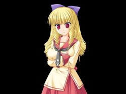  1girl 2000s_(style) arms_under_breasts black_background blonde_hair blunt_bangs bow breasts closed_mouth collarbone cowboy_shot crossed_arms drill_hair drill_sidelocks game_cg grey_neckerchief hair_bow honoo_no_haramase_tenkousei huge_breasts long_hair long_sleeves looking_at_viewer miyasu_risa neckerchief purple_bow red_eyes red_sailor_collar ryuugasaki_reika sailor_collar sailor_shirt school_uniform serafuku shirt sidelocks simple_background skirt solo standing surprised tachi-e tsurime twin_drills v-shaped_eyebrows variant_set very_long_hair wide-eyed yellow_serafuku 