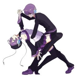  1boy 1girl beret black_boots black_hat black_jacket black_pants black_skirt black_sleeves boots bowl_cut brother_and_sister closed_mouth collared_shirt defosuke detached_sleeves dip_(dance_move) gakuran hair_between_eyes hashtag-only_commentary hat highres jacket loafers long_sleeves looking_at_viewer necktie nodokarasu0906 pants pleated_skirt purple_hair purple_necktie purple_shoes purple_trim robot_ears school_uniform shirt shoes short_hair siblings simple_background skirt thigh_boots utane_uta utau violet_eyes white_background white_shirt 