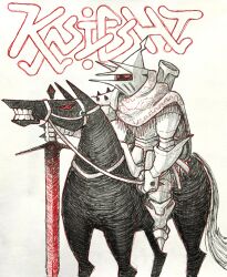  1other absurdres armor black_horse character_name cloak full_armor gauntlets helmet highres holding holding_reins holding_sword holding_weapon horse horseback_riding knight original red_eyes reins riding scabbard sheath simple_background sword weapon zals 