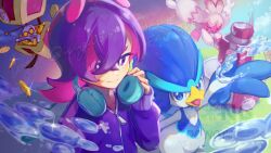 1girl bright_pupils closed_mouth coin commentary_request crossed_bangs dot_(pokemon) gimmighoul glint grass hand_up headphones jacket long_hair long_sleeves pokemon pokemon_(anime) pokemon_(creature) pokemon_horizons purple_hair purple_jacket quaxwell sleeves_past_wrists smile sparkle tinkaton twitter_username violet_eyes water water_drop watermark white_pupils wing_(wing_0319) zipper_pull_tab 