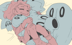  1other 2019 2d ambiguous_gender aoimomushi bandaid bandaid_on_knee character_doll child commentary cushion digital_media doll english_commentary flat_color frisk_(undertale) hug human knees_up monochrome napstablook other_focus pillow shirt short_hair simple_background socks undertale unfinished utdr_(toby_fox) white_background 