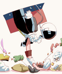  1boy absurdres avogado6 bag boxers brown_hair clothesline commentary_request crescent_moon cushion door falling helmet highres male_focus male_underwear moon necktie open_door original red_male_underwear simple_background sky solo space space_helmet spacesuit star_(sky) star_(symbol) starry_sky stuffed_animal stuffed_rabbit stuffed_toy tank_top underwear unworn_clothes unworn_headwear unworn_helmet white_background white_tank_top 