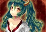  1girl blush breasts cleavage green_hair hatsune_miku horn long_hair off_shoulder ruchiru solo twintails vocaloid yellow_eyes 