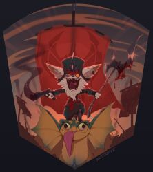  1boy armor banner battle_standard blood colored_sclera gun halberd highres holding holding_polearm holding_weapon huffslove kled league_of_legends male_focus open_mouth orange_sclera polearm sharp_teeth skaarl teeth tongue tongue_out war_banner weapon yordle 