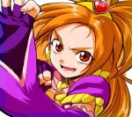  1girl aoba_(smartbeat) clenched_hand cure_bloom face fighting_stance fingerless_gloves foreshortening futari_wa_precure_splash_star gloves hyuuga_saki orange_hair precure red_eyes simple_background solo white_background 