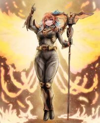  1girl absurdres alternate_costume armor armored_boots belt black_bodysuit bodysuit boots closed_mouth cosplay fire gradient_hair green_hair hair_between_eyes highres holding holding_staff hololive hololive_english kamen_rider kamen_rider_odin kamen_rider_ryuki_(series) multicolored_hair nymph_rhythm orange_hair pink_eyes pointing pointing_up shoulder_armor simple_background solo staff standing takanashi_kiara virtual_youtuber wings 