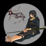  against_wall bandage bandages barefoot black_hair blind demon&#039;s_souls demon's_souls dirty_feet do-poi feet jewelry maiden_in_black necklace scar short_hair sitting soles solo title_drop toes 