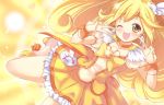  ;d blonde_hair boots bowtie brooch choker cure_peace deeple double_v dress happy jewelry kise_yayoi long_hair magical_girl open_mouth precure skirt smile smile_precure! solo v wink wrist_cuffs yellow yellow_background yellow_dress yellow_eyes 