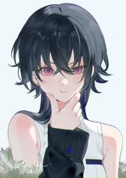  1girl achiki artist_name black_hair black_jacket collared_shirt commentary crossed_bangs earrings hair_between_eyes hand_on_own_cheek hand_on_own_face hashtag-only_commentary highres ichinose_uruha ichinose_uruha_(4th_costume) jacket jewelry long_hair looking_at_viewer lupinus_virtual_games official_artist_extra portrait pout shirt signature simple_background sleeveless sleeveless_shirt solo symbol-only_commentary upper_body violet_eyes virtual_youtuber vspo! white_background white_shirt 