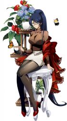  1girl anthurium black_pantyhose blue_eyes blue_flower blue_hair breasts brown_sweater bug butterfly closed_mouth cup curtained_hair flower flower_pot frilled_shawl frills full_body game_cg glass high_heels high_ponytail holding holding_cup jessica_(langrisser) langrisser langrisser_mobile large_breasts long_hair looking_at_viewer looking_over_eyewear official_alternate_costume official_art pantyhose pedestal pencil_skirt plant ponytail potted_plant pumps red-framed_eyewear red_flower red_shawl red_shoes semi-rimless_eyewear shawl shirt shoes side_slit simple_background sitting skirt smile solo sweater tachi-e teacup third-party_source transparent_background under-rim_eyewear white_shirt 