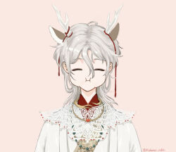  1boy :o aegyo_sal animal_ears bead_necklace beads chewing_gum chinese_clothes closed_eyes collar commentary_request deer_ears dragon_horns eating extra_ears fingernails grey_hair hair_between_eyes hanfu holding horn_ornament horn_ribbon horns jewelry kohanai_setsuna long_hair_between_eyes long_sleeves luming_(shining_nikki) male_focus medium_hair necklace nikki_(series) open_mouth orange_background puffy_cheeks puffy_long_sleeves puffy_sleeves red_ribbon ribbon shining_nikki simple_background solo straight-on twitter_username upper_body white_collar white_hanfu white_horns yunjian 