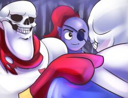  1girl 2boys 2d akakichi_no_eleven akakichi_no_eleven_redraws anthro armor artist_request black_eyepatch black_tank_top blue_jacket blue_skin brothers cape colored_skin derivative_work digital_media ear_fins eyepatch female fins fish fish_girl gloves hand_on_another&#039;s_shoulder head_fins high_ponytail hollow_eyes hood hood_down hooded_jacket humanoid jacket large_chin long_hair looking_at_another male meme monster monster_boy monster_girl multiple_boys papyrus_(undertale) parody ponytail red_cape red_gloves red_hair sans_(undertale) siblings simple_background skeleton smile tank_top teeth trio undead undertale undyne utdr_(toby_fox) white_armor white_background white_hood 