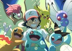  1boy antennae ash_ketchum baseball_cap bird black_hair blue_eyes brown_eyes bug bulbasaur butterfly butterfree charmander fangs fingerless_gloves fire flame-tipped_tail gloves green_gloves grin hat holding holding_pokemon holding_removed_eyewear insect_wings jacket on_shoulder one_eye_closed open_mouth pidgeotto pikachu pokemon pokemon_(anime) pokemon_(classic_anime) pokemon_(creature) pokemon_on_shoulder red_eyes sergiromero shirt short_hair short_sleeves smile squirtle sunglasses tail teeth unworn_eyewear upper_body wings 