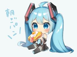  1girl ahoge aqua_hair aqua_necktie bacon black_boots black_shoes black_skirt black_sleeves blue_eyes blush boots bread bread_slice chibi chibi_only collared_shirt commentary_request detached_sleeves food food_in_mouth fried_egg full_body grey_shirt hair_between_eyes hatsune_miku highres long_sleeves looking_at_viewer necktie pleated_skirt shirt shoes sitting skirt sleeveless sleeveless_shirt solo tie_clip toast translation_request twintails vocaloid yuni_(irohasuiroiro) 