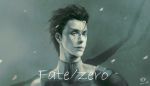  ahoge dated fate/zero fate_(series) green lancer_(fate/zero) male mole monochrome realistic signature solo syusuke0229 title_drop 