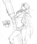  bikini_top black_rock_shooter black_rock_shooter_(character) flat_chest hair_over_one_eye huge_weapon long_hair monochrome shorts sketch twintails weapon 