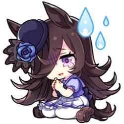  1girl animal_ears artist_request back_bow black_hat black_veil blue_bow blue_bowtie blue_flower blue_rose blue_sailor_collar blue_shirt bow bowler_hat bowtie brown_hair brown_shoes chibi eyelashes flower frilled_skirt frills game_cg gloom_(expression) hair_over_one_eye hat hat_flower high-waist_skirt horse_ears horse_girl horse_tail long_hair lowres medium_skirt mini_hat official_art own_hands_together panties pleated_skirt rice_shower_(umamusume) rose sad sailor_collar school_uniform shirt shoes sitting skirt solo sweatdrop tail tearing_up tracen_school_uniform transparent_background two-tone_shirt umamusume underwear uwabaki veil very_long_hair violet_eyes wariza white_panties white_shirt white_skirt 