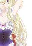 armpits arms_up blonde_hair blue_eyes bow breasts chito04 cleavage collarbone corset hair_bow highres large_breasts lingerie lips long_hair looking_away simple_background smile solo touhou underwear victorian white_background yakumo_yukari 