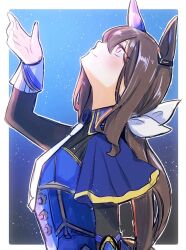  1girl admire_vega_(starry_nocturne)_(umamusume) admire_vega_(umamusume) animal_ears black_sleeves blue_dress blush breasts brown_hair closed_mouth dress ear_covers ear_ornament gloves hair_between_eyes horse_ears horse_girl horse_tail long_hair long_sleeves looking_up low_ponytail namatyoco necktie ponytail single_ear_cover smile solo tail umamusume upper_body violet_eyes white_gloves white_necktie 