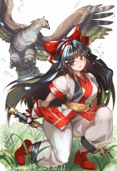  1girl ainu ainu_clothes baggy_pants bird black_hair blunt_bangs boots bow breasts flying_animal gloves grass hair_bow hairband hawk highres huge_bow kodachi kuwango large_breasts long_hair nakoruru nipples pants red_boots red_bow red_hairband reverse_grip samurai_spirits short_sword sidelocks smile sparkle spread_wings sword twitter_username violet_eyes weapon white_background 