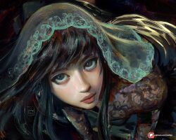  1girl artist_name black_dress black_eyes black_hair choppy_bangs closed_mouth commentary dress foreshortening lace lace-trimmed_veil lace_sleeves lace_trim leaning_forward lips long_hair long_sleeves looking_at_viewer osaragi_(sakamoto_days) patreon_logo realistic sakamoto_days sebijy see-through_cleavage see-through_clothes see-through_sleeves see-through_veil solo symbol-only_commentary upper_body upturned_eyes veil web_address white_veil 