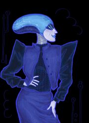  1girl 2025 2d black_background black_sweater blue_vest buttons closed_mouth cowboy_shot deltarune digital_media facing_away female female_only hand_on_own_thigh hand_on_own_waist humanoid humanoid_robot ilove_borzois open_clothes open_vest outline purple_outline purple_skirt queen_(deltarune) robot robot_girl simple_background skirt solo sweater unbuttoned unbuttoned_vest utdr_(toby_fox) vest 