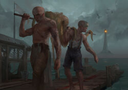  2boys absurdres alexeykruglov bald blue_shorts brown_overalls brown_pants flag highres horizon lighthouse multiple_boys ocean original overalls pants pier shore shorts tower water white_flag wooden_floor 