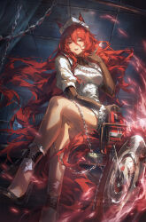  1girl arknights artist_name breasts chain circular_saw crossed_legs dress elbow_gloves gloves hair_between_eyes helen_zzhao high_heels highres holding holding_scalpel long_hair looking_at_viewer medium_breasts narantuya_(arknights) narantuya_(the_chainsaw_nurse)_(arknights) open_mouth red_gloves saw scalpel short_sleeves sitting smile solo very_long_hair watermark white_dress 