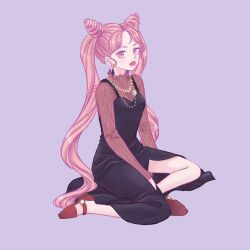  1girl aged_up bishoujo_senshi_sailor_moon black_dress chanel chibi_usa commentary_request dress earrings eundi_ed eyelashes jewelry korean_commentary necklace parted_lips pearl_necklace pink_eyes pink_hair purple_background sidelocks sitting solo twintails yokozuwari 