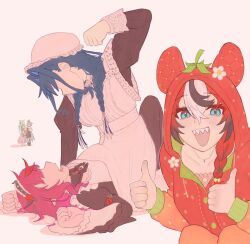  5girls ahoge animal_ears blue_eyes blue_hair brown_hair ceres_fauna ceres_fauna_(1st_costume) feather_hair_ornament feathers fighting flower food green_hair hair_flower hair_ornament hakos_baelz hololive hololive_english holopromise hood horns hydroxyl irys_(hololive) irys_(maid)_(hololive) jewelry long_hair maid multicolored_hair multiple_girls nanashi_mumei nanashi_mumei_(1st_costume) necklace ouro_kronii ouro_kronii_(maid) pointy_ears popcorn red_hair sharp_teeth strawberry_costume streaked_hair teeth thumbs_up virtual_youtuber 