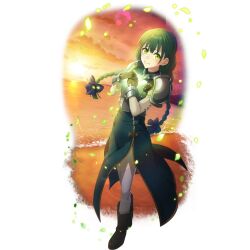  1girl ankle_boots armor artist_request beach black_ribbon blush boots braid braided_ponytail breastplate breasts brown_boots brown_gloves closed_mouth clouds cloudy_sky dusk eyelashes floating_hair full_body game_cg gloves glowing_chest green_eyes green_hair green_tunic hair_ribbon hands_on_own_chest hands_up high_heel_boots high_heels light_particles long_hair long_sleeves looking_at_viewer low_twin_braids multiple_braids ocean official_art orange_sky pants pauldrons raised_eyebrows ribbon rishia_ivyred shirt shoulder_armor side_slit sidelocks simple_background sky sleeveless_tunic small_breasts smile solo standing sunset tate_no_yuusha_no_nariagari tate_no_yuusha_no_nariagari_rerise transparent_background tunic turtleneck_tunic twin_braids white_pants white_shirt 