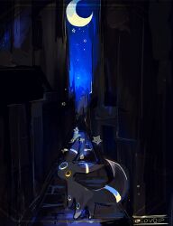  absurdres alley alternate_color animal_focus black_fur building closed_mouth colored_sclera crescent_moon full_body highres looking_at_viewer moon night night_sky no_humans outdoors pokemon pokemon_(creature) pokemon_focus shiny_pokemon shirasuame_shiromaru sky solo star_(sky) star_(symbol) tail umbreon yellow_sclera 