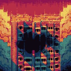  broken_wall building clouds cloudy_sky color_contrast highres hospital no_humans original outdoors pixel_art saturated scenery sky ventiquepxl 