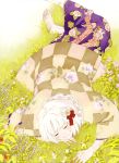  ao_no_exorcist barefoot dirty_feet feet flower grass haori highres japanese_clothes kimono lying moriyama_shiemi nature official_art ribbon scan short_hair smile soles white_hair 