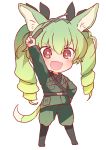  1girl absurdres anchovy animal_ears anzio_military_uniform arm_up bangs belt black_belt black_footwear black_neckwear black_ribbon black_shirt boots chibi commentary dog_ears dog_tail dress_shirt drill_hair eyebrows_visible_through_hair full_body girls_und_panzer green_hair grey_jacket grey_pants hair_ribbon hand_on_hip highres holding jacket kemonomimi_mode knee_boots long_hair long_sleeves looking_at_viewer military military_uniform miluke necktie open_mouth pants red_eyes ribbon riding_crop sam_browne_belt shirt simple_background smile solo standing tail twin_drills twintails uniform v-shaped_eyebrows white_background 