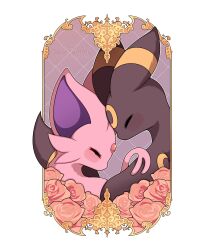  absurdres animal_focus black_fur blush closed_eyes closed_mouth espeon flower forehead-to-forehead forehead_jewel forked_tail gem heads_together highres no_humans pokemon pokemon_(creature) pokemon_focus purple_fur red_gemstone sevi_(seviyummy) tail umbreon 