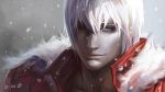  artist_name blue_eyes bust dante dantewontdie devil_may_cry highres light_smile male silver_hair snowing solo 