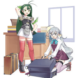  2girls absurdres ahoge antenna_hair apron black_gloves boots collared_shirt commentary_request corset desk dress dress_shirt gloves green_eyes green_hair grey_apron grey_boots grey_eyes grey_hair grey_shirt grey_thighhighs hair_between_eyes hair_bun hair_ribbon halter_dress halterneck highres kantai_collection kazh_(kazu) kiyoshimo_(kancolle) kiyoshimo_kai_ni_(kancolle) long_hair low_twintails multiple_girls pleated_skirt purple_dress red_thighhighs ribbon rudder_footwear sailor_collar school_uniform serafuku shirt single_hair_bun skirt smile sugi_(kancolle) suitcase swept_bangs thigh-highs twintails very_long_hair white_sailor_collar white_shirt white_skirt 