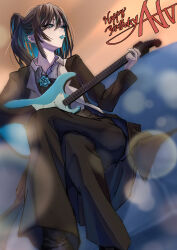  1girl absurdres ado_(utaite) altruist_0722 black_coat black_hair black_pants blue_eyes blue_hair chando_(ado) coat colored_inner_hair commentary_request crossed_legs electric_guitar guitar hair_between_eyes happy_birthday highres instrument long_hair long_sleeves mole mole_under_eye mouth_hold multicolored_hair pants plectrum plectrum_in_mouth ponytail sidelocks solo utaite 