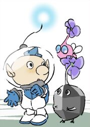  1boy :o alph_(pikmin) backpack bag big_nose black_eyes black_skin blue_bag blue_eyes blue_gloves blue_hair clenched_hand colored_skin commentary_request flower flying freckles full_body gloves helmet insect_wings light_blush male_focus nandovo no_mouth open_mouth pikmin_(creature) pikmin_(series) pink_skin pointy_ears purple_flower radio_antenna rock rock_pikmin short_hair solid_circle_eyes space_helmet spacesuit standing talking very_short_hair white_background winged_pikmin wings 