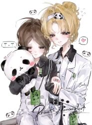  2girls absurdres bandaid belt black_belt black_gloves black_shirt blonde_hair blush brown_eyes brown_hair closed_mouth coat collared_shirt crying emily_dyer emily_dyer_(bamboo_guardian) emma_woods emma_woods_(panda_keeper) freckles gloves hair_bun hairband heart highres holding holding_stuffed_toy identity_v jacket long_sleeves multiple_girls overalls panda pants parted_bangs parted_lips shirt short_hair simple_background single_hair_bun sitting speech_bubble spoken_heart stuffed_animal stuffed_panda stuffed_toy tears white_background white_coat white_hairband white_jacket white_shirt xinjinjumin340775784784 